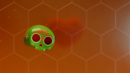 Decorated skull floats over heart shape on orange hexagon gradient background