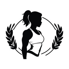 Female athlete in athletic wear, profile view, within a laurel wreath, centered on a white background.