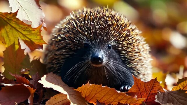 A cute small wild hedgehog with spiny bristles for protection is snuffling in the grass and autumn leaves of the forest