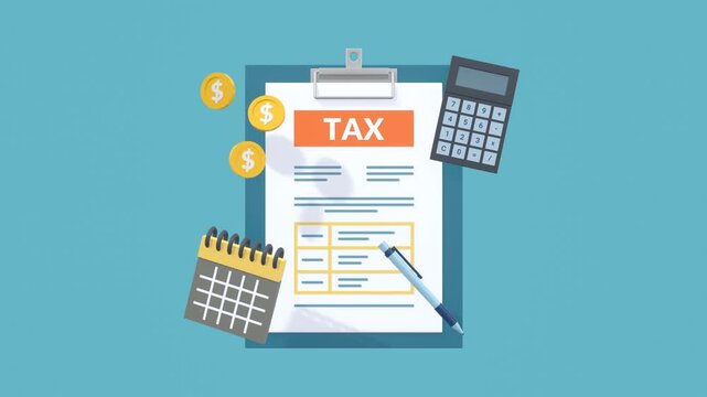 Animated concept of tax and wealth management featuring a tax form, calculator, gold coins, and calendar. Ideal for financial planning, accounting, and business finance visuals.