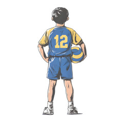 Fototapeta premium Young athlete in blue and yellow jersey holding volleyball with number 12