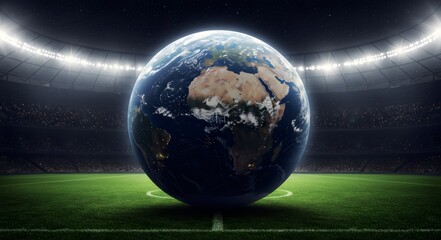 Earth Globe as Football in Stadium - Global Sports Event Concept