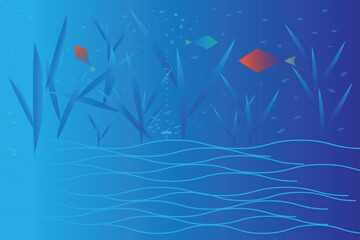 Underwater scene with abstract fish and seaweed in blue ocean gradient background.
