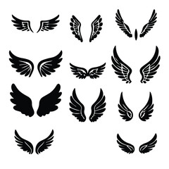 Obraz premium Angel wing silhouettes in various poses against a plain white background. Collection of diverse wing shapes for graphic design.