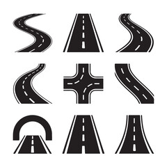 Collection of nine black road icons on white background