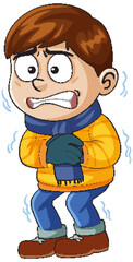 Cartoon Boy Shivering in Winter Clothing