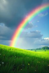 Naklejka premium A vibrant rainbow arches gracefully over a lush green field, sunlight illuminating its colorful spectrum Perfect for nature, weather, and fantasy themes , fairytale, landscape, imagery