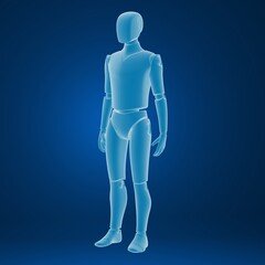3D rendering of a translucent humanoid mannequin on a blue gradient background.