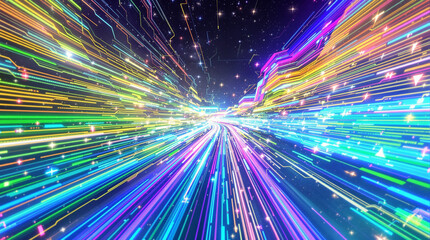 A vibrant, multicolored light streak tunnel expands into a star-studded cosmic background, creating a dynamic and energetic sense of speed and movement