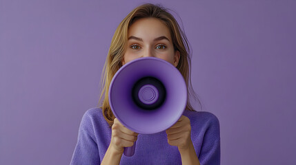Woman holding a purple megaphone in front of a purple background.