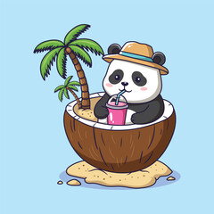 Cute panda drinking juice and relaxing in a coconut on the beach. Vector illustration