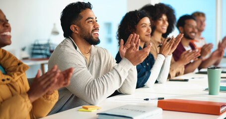 Applause, creative team and business people in meeting for company goals, achievement and success. Startup agency, office and workers clapping hands for support, bonus and collaboration in workshop