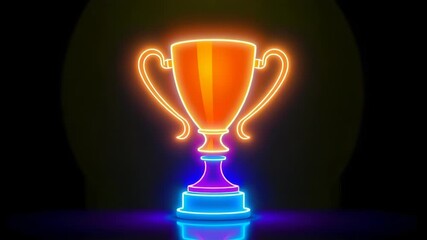 A vibrant neon trophy glows against a dark background, symbolizing victory and achievement - Powered by Adobe