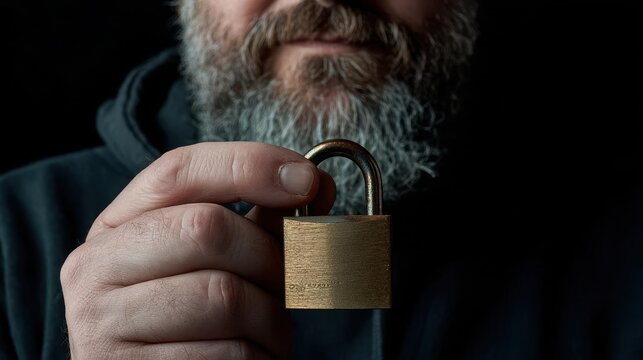 Man Holding a Brass Padlock