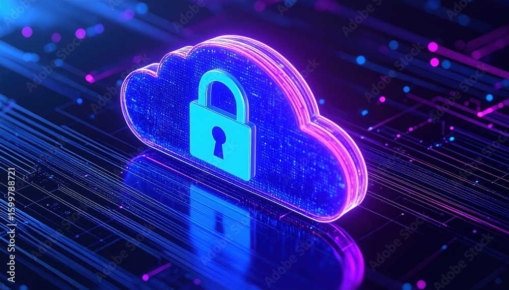 Poster digital cloud cloud computing security icon with lock in neon colors representing data protection an