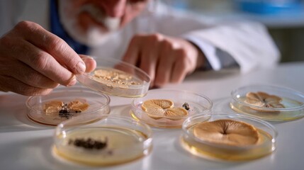 Scientist Examining Mushroom Cultures in Petri Dishes