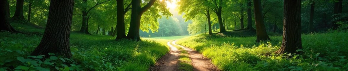 Obraz premium A winding, tree-lined path meanders through a lush green forest, leading towards a distant, sun-dappled clearing Perfect for concepts of adventure, exploration, and the journey ahead , dappled, way