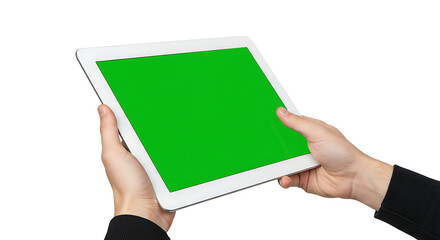 Hands holding a white tablet computer with a green screen, showcasing the device's display.
