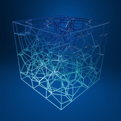 Digital 3D abstract cube with intricate geometric patterns on a blue gradient background.