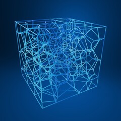 Abstract geometric cube with intricate internal structures on a blue background.