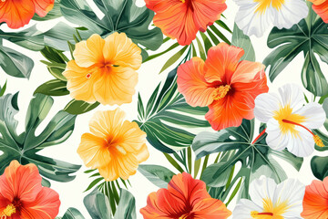 Vibrant tropical seamless pattern featuring exotic hibiscus floral elements with lush green botanical leaves perfect for summer designs.