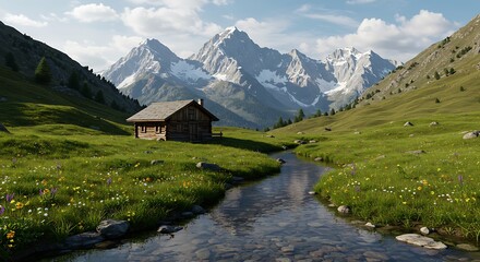 Idyllic Alpine Cabin Retreat Surrounded by Majestic Mountains and Flowing Stream Natures Serenity