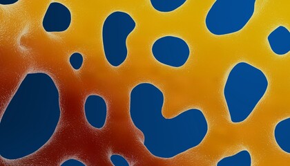 Close-up of a porous, abstract yellow and orange structure against a blue background.