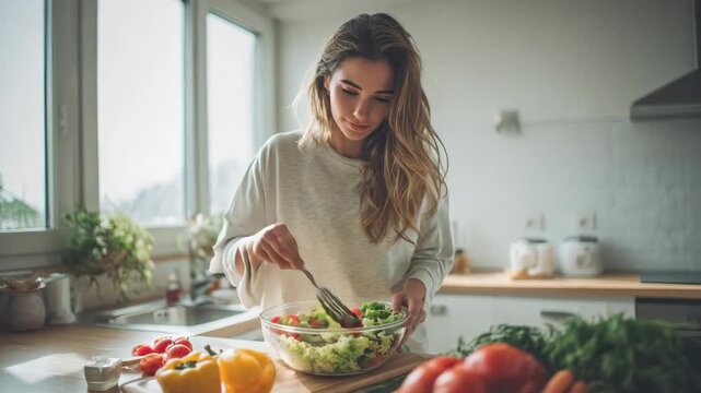 A young woman enjoying a fresh salad bowl in a minimalist kitchen with natural sunlight 