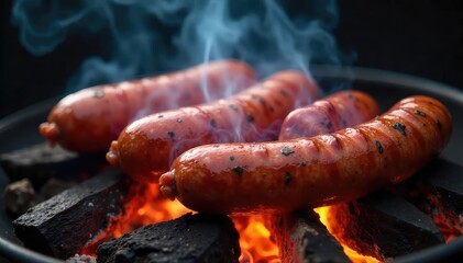 Fototapeta premium Close-up of artisanal sausages smoking gently over smoldering wood chips, creating a delicious aroma The smoke curls lazily upwards, highlighting the rich color of the meat , smoked food, brown