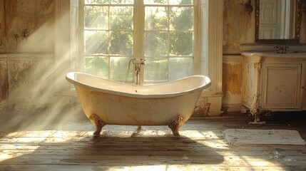 Sunbeams Illuminate Antique Bathtub in Derelict Mansion
