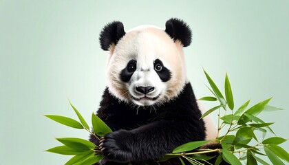 Fototapeta premium Panda cub, front view, with bamboo