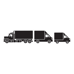Three black delivery trucks of varying sizes semi truck