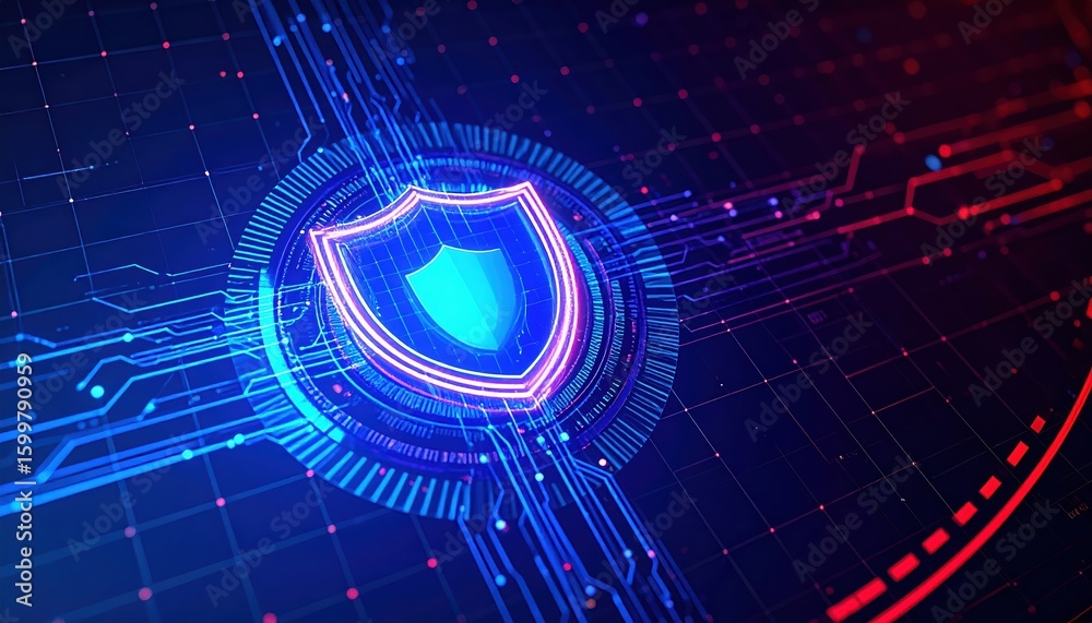 Poster high tech digital security shield icon with circuit board elements and digital network background fo