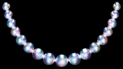 A pearly necklace, iridescent and glowing, curves gracefully on a black background