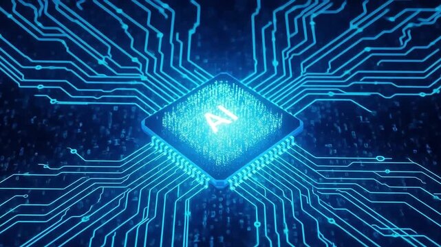  Ai chip advanced technology Microprocessor Connecting with Motherboard and pc system AI on chip glowing energy lines ai cpu gpu circuit board technology video blue circuit board