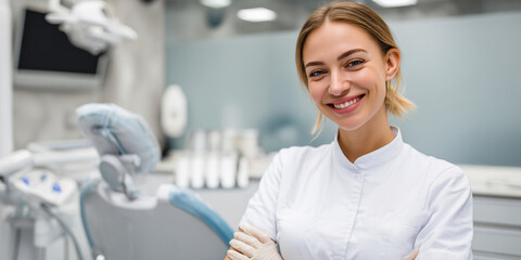 Obraz premium Eine Frau zeigt stolz ihr Lächeln, während sie auf dem Stuhl einer modernen Zahnklinik sitzt, Zahnmedizin Zahnersatz