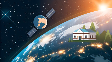 An illustration of a solitary house nestled on a planet under a starlit night sky