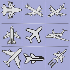 Collection of diverse aeroplane illustrations in multiple colors