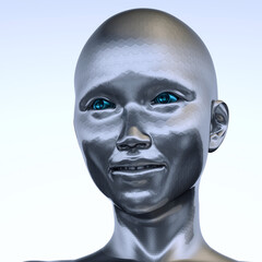 Close-up of a futuristic humanoid robot with a metallic face and blue eyes.