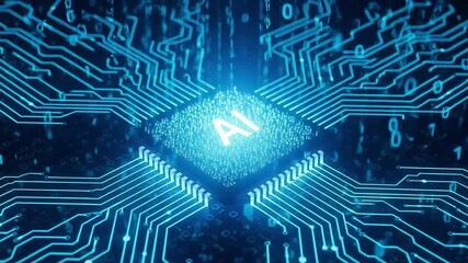 Ai chip advanced technology Microprocessor Connecting with Motherboard and pc system AI on chip glowing energy lines ai cpu gpu circuit board technology video blue circuit board background - Powered by Adobe