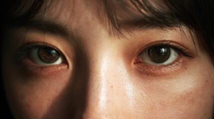 Focused Gaze: An intimate closeup captures two eyes, expressing deep focus and introspection. The close-up detail showcases the captivating look of the human eye. 