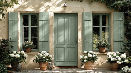 Charming French Countryside Home Exterior with Sage Green Shutters and Door