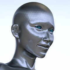 Futuristic humanoid robot with metallic skin and bright blue eyes, showcasing advanced technology.