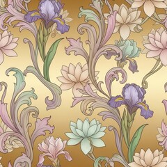 Elegant Floral Scrollwork with Irises and Lotuses on a Gilded Background