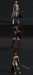 Three female warriors in armor, each showcasing unique weapons and battle attire.