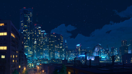 Nighttime city skyline with glowing windows and streetlights, capturing urban vibrancy.