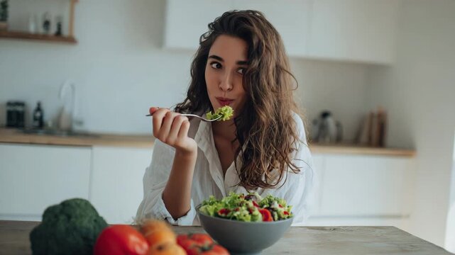 A young woman enjoying a fresh salad bowl in a minimalist kitchen with natural sunlight 