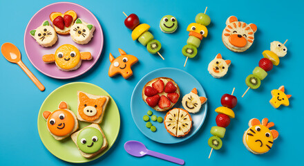 Fototapeta premium Playful and colorful kids' meals featuring animal-shaped sandwiches, fruit skewers, and fun snacks, arranged on a cheerful background to promote healthy eating in a joyful and creative way.