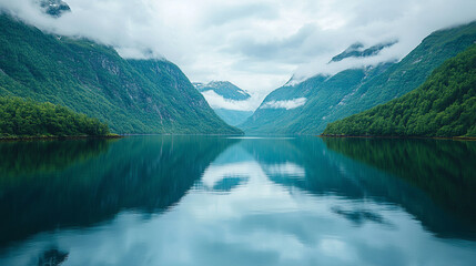 Fototapeta premium Serene fjord landscape featuring steep lush green cliffs reflected perfectly in calm, still water. Misty atmosphere with natural beauty and tranquility
