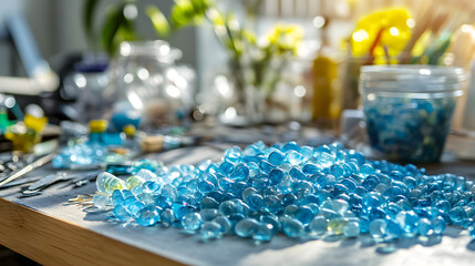 Blue glass beads are arranged on a table with other decorative items.